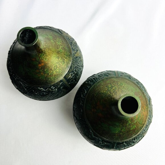 Japanese Vintage Ikebana Metal Flower Vases with Butterfly Floral Design Pair - Picture 11 of 13